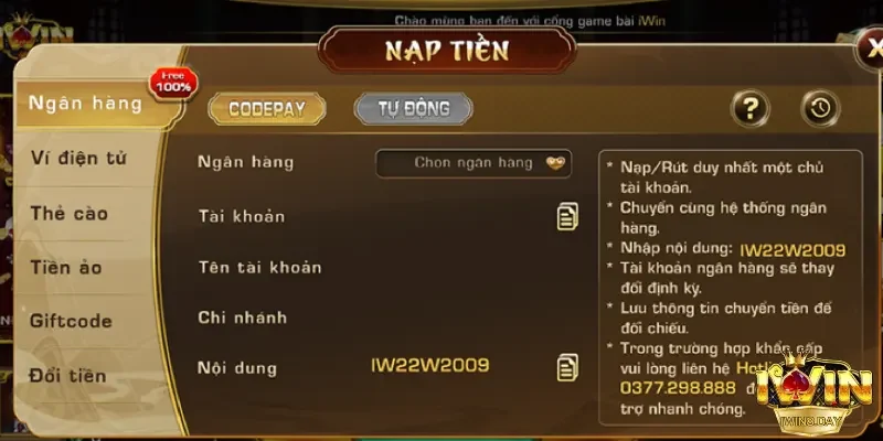 Nạp tiền Iwinclub qua ngân hàng